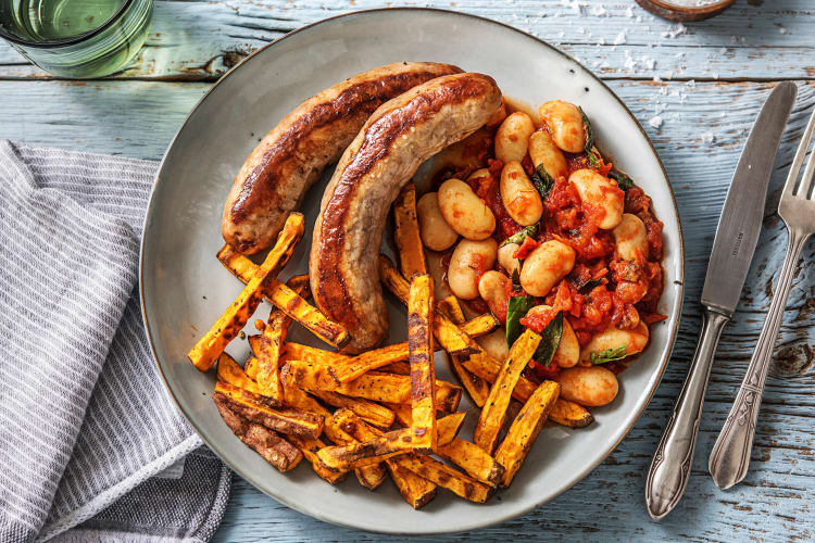 Sausage, Sweet Potato Wedges & beans – Rosemary Acre Organics